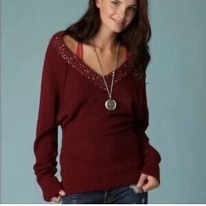 Free People Get on the Glitz Burgundy Red Beaded and Sequin Deep V Sweater